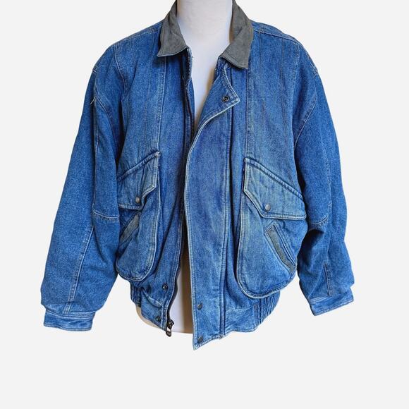 VTG 80s Mirage Jean Jacket Mens L Blue Denim Bomber Western Boho Indie - Picture 1 of 9